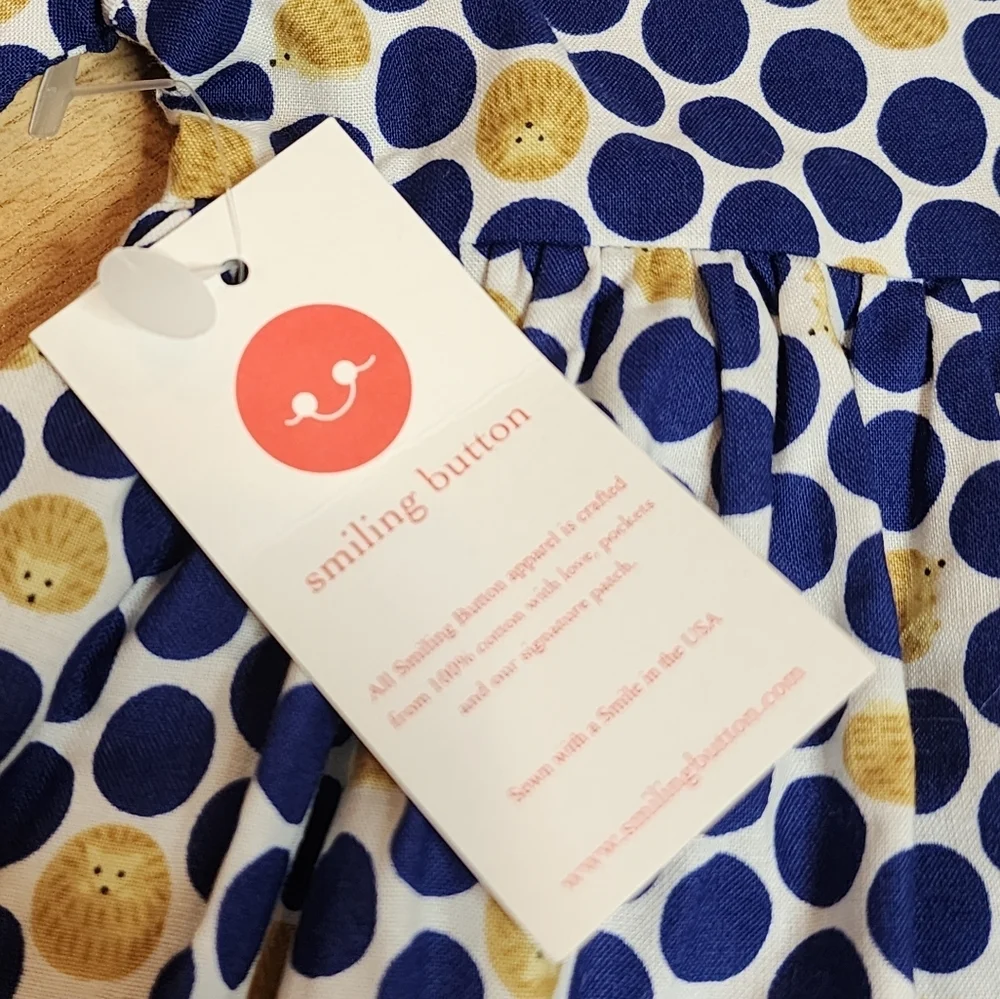 NWT Smiling Button Hedgehog Navy Polka Dot Cotton Dress Pockets‎ Size 5
